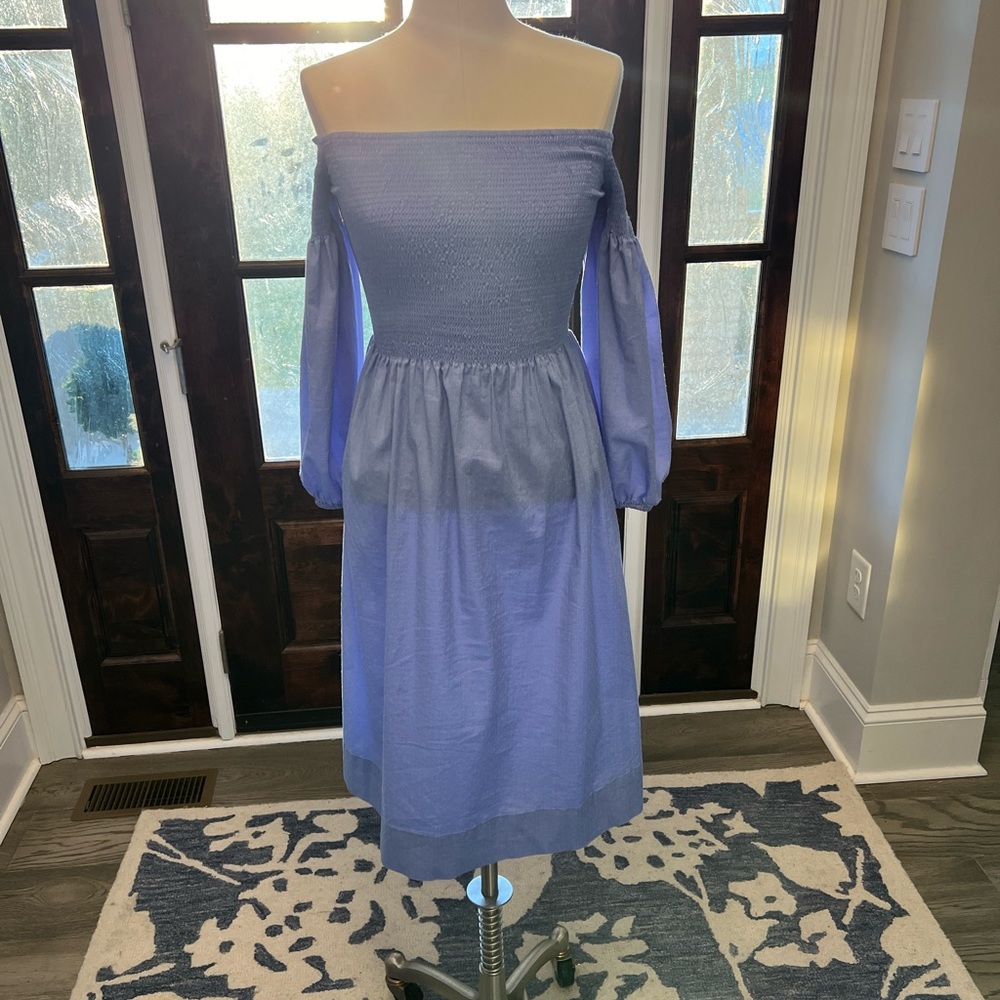 Blue smocked off the shoulder dress
